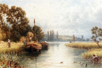  tomando Obras - Cargando las barcazas de heno con una mujer joven tomando agua paisaje victoriano Myles Birket Foster